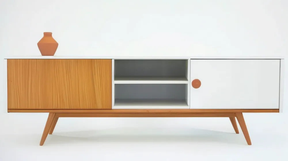 Szafka RTV w stylu retro z przesuwnymi frontami, biało-jasnobrązowa, 180 x 40 x 65 cm