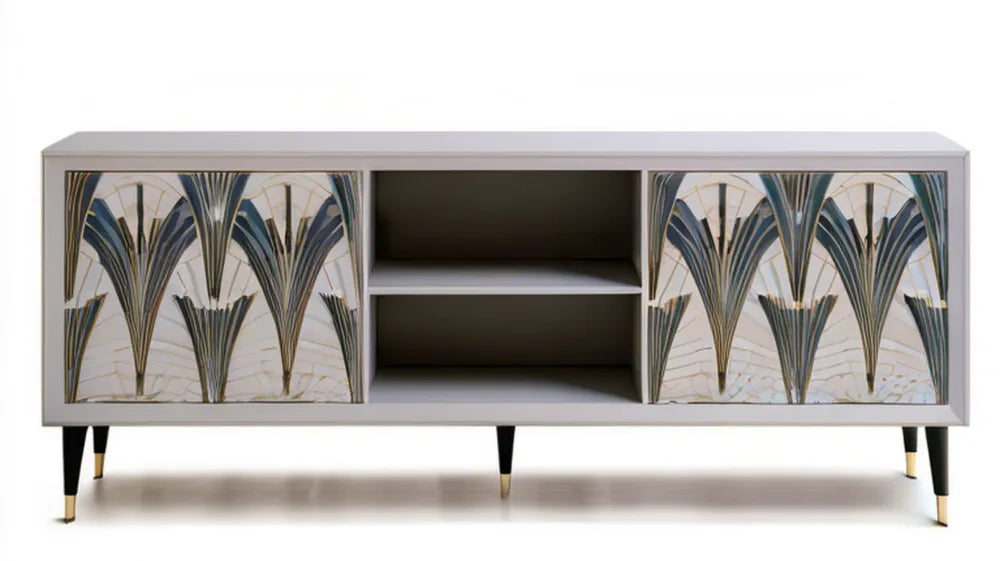Biała szafka RTV z płyty MDF z dekoracyjnymi frontami, 160 x 40 x 70 cm