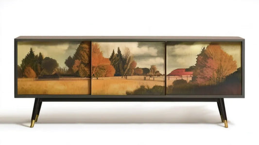 Czarna szafka 3-drzwiowa z nadrukiem jesiennego krajobrazu, 160 × 40 × 75 cm