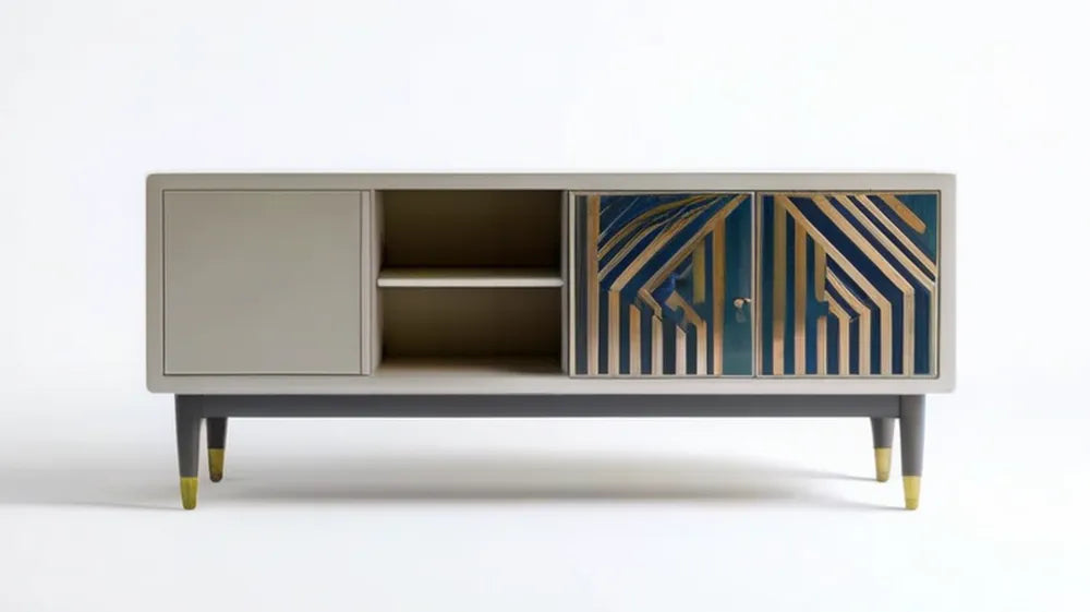 Szafka RTV Art Déco z MDF szarobeżowa granatowo-złota 160 x 40 x 70 cm