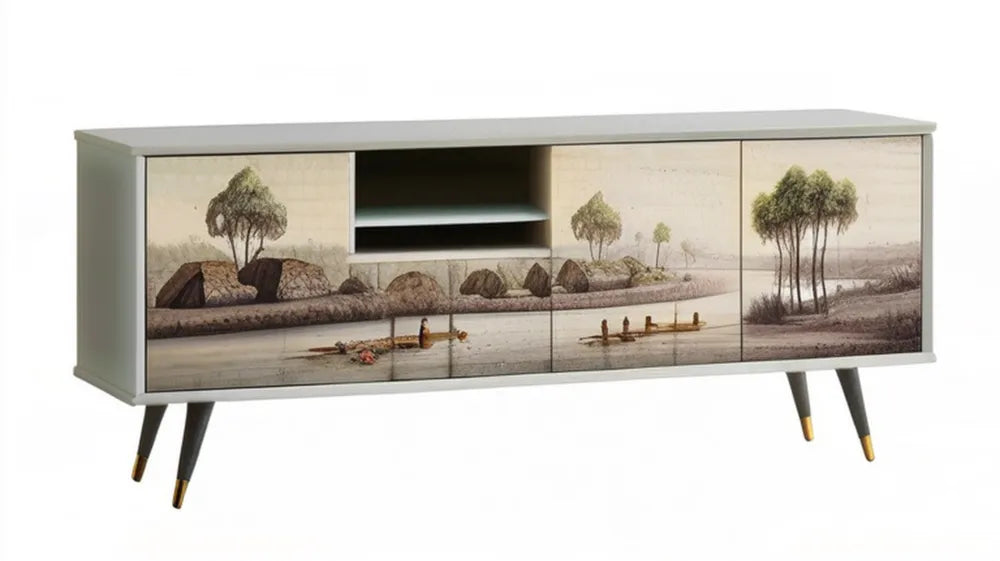 Biała szafka RTV z nadrukiem krajobrazu, 180 x 40 x 55 cm