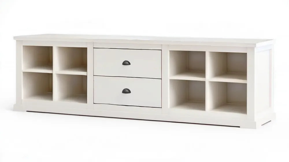 Biała szafka RTV z MDF 180 x 45 x 50 cm, 2 szuflady i 8 otwartych przegród