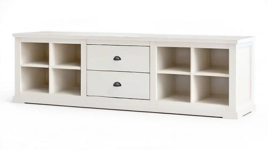 Biała szafka RTV z MDF 180 x 45 x 50 cm, 2 szuflady i 8 otwartych przegród