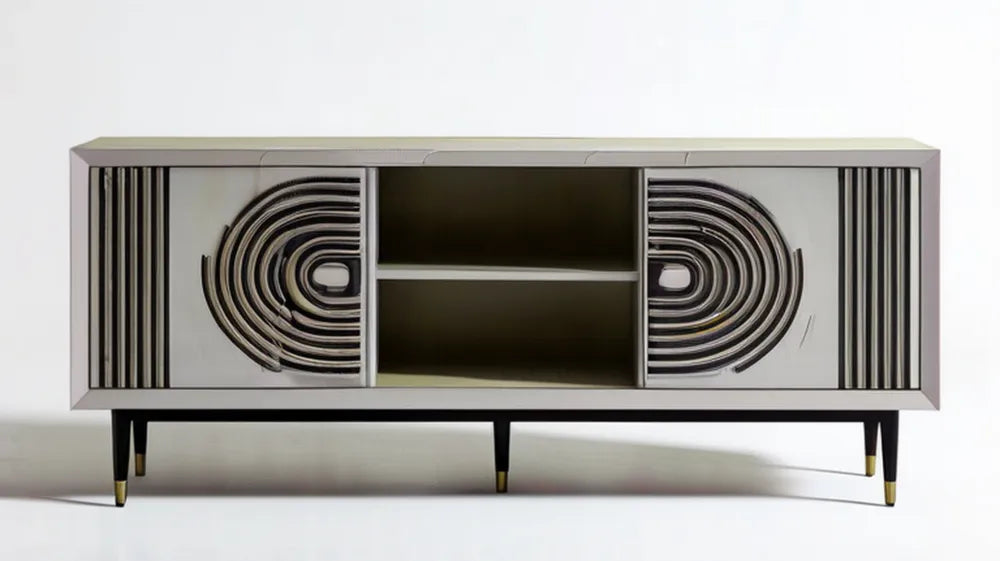 Szafka RTV z lakierowanej płyty MDF, szaro-czarna ze złotymi detalami, 180 × 40 × 75 cm