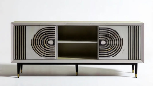 Szafka RTV z lakierowanej płyty MDF, szaro-czarna ze złotymi detalami, 180 × 40 × 75 cm