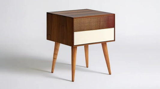 Szafka nocna z 2 szufladami, MDF i rattan, orzechowa/biała, 50 x 40 x 65 cm