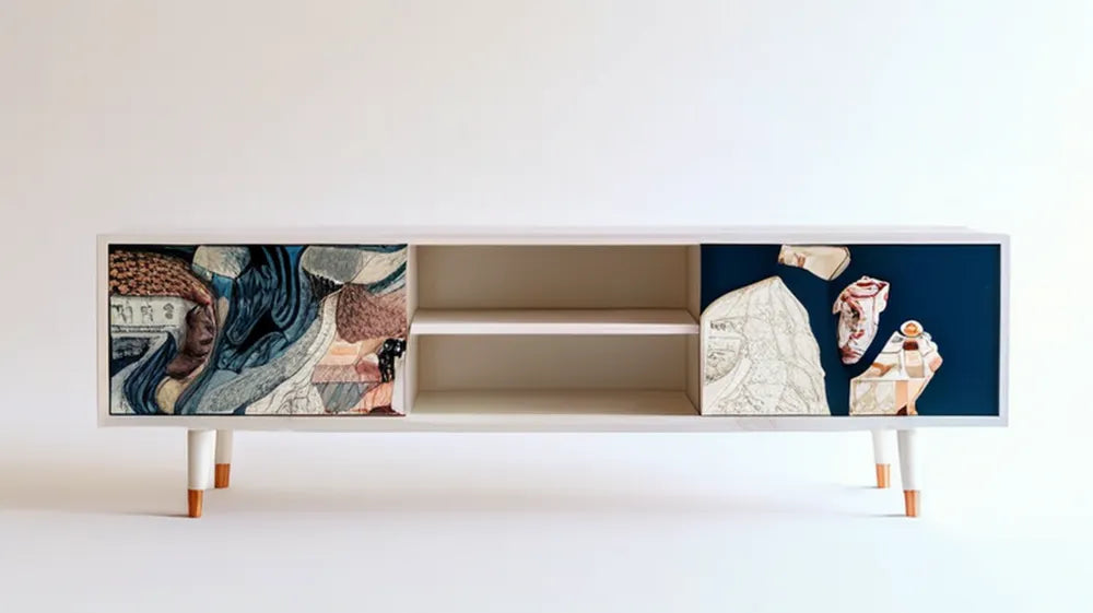 Biała szafka RTV z dekoracyjnym nadrukiem 180 x 40 x 55 cm