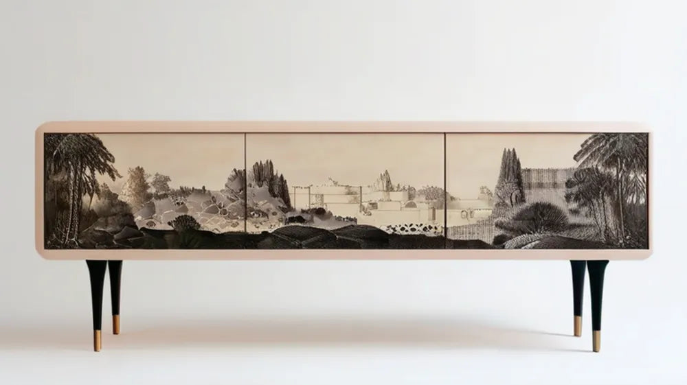 Beżowa szafka RTV z nadrukiem krajobrazu, czarnymi nogami i złotymi detalami, 180 x 40 x 65 cm