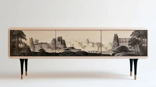 Beżowa szafka RTV z nadrukiem krajobrazu, czarnymi nogami i złotymi detalami, 180 x 40 x 65 cm